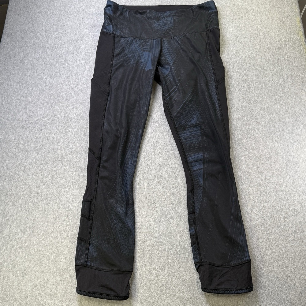 Lululemon Fast Free Crop Leggings Black Blue Mesh Panel Size 6